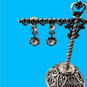 Brighton Twilight Clear Crystal Silver Plated Pierced  Heart Dangle Earrings